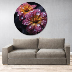 Ronde wandcirkel met roze en oranje bloemen bedekt met dauwdruppels